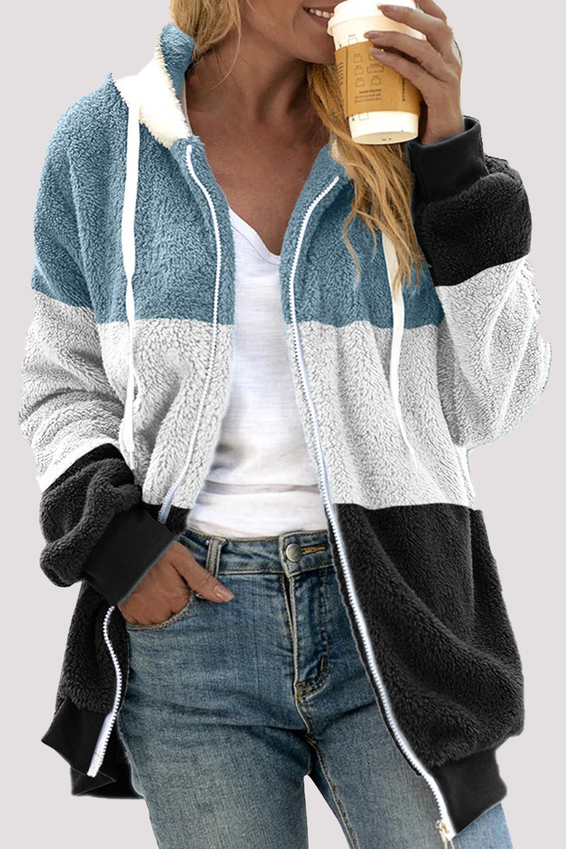 Prendas de abrigo informales con cuello y capucha y diseño de patchwork en bloques de colores (12 colores)