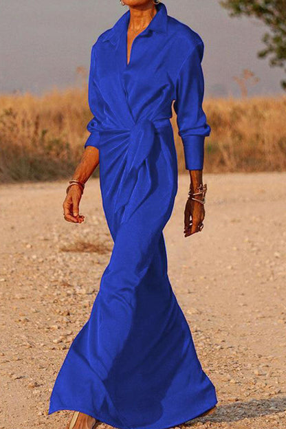 Vestido camisero informal de cuello vuelto con parches y vendaje liso (5 colores)