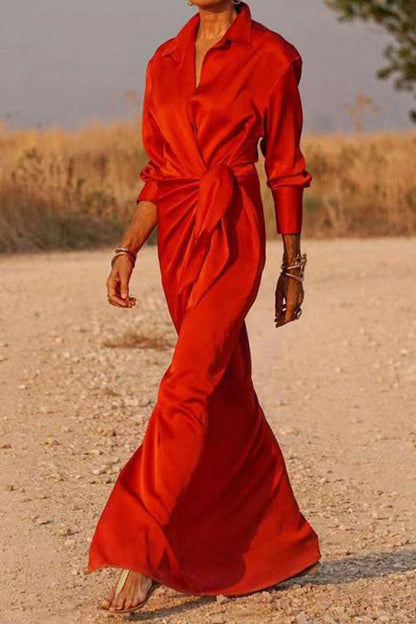 Vestido camisero informal de cuello vuelto con parches y vendaje liso (5 colores)