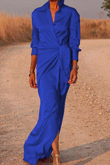 Vestido camisero informal de cuello vuelto con parches y vendaje liso (5 colores)