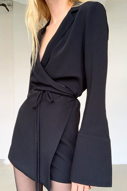 Vestido sexy y elegante con cuello en V, falda cruzada y frenillo con cinturón y parches sólidos