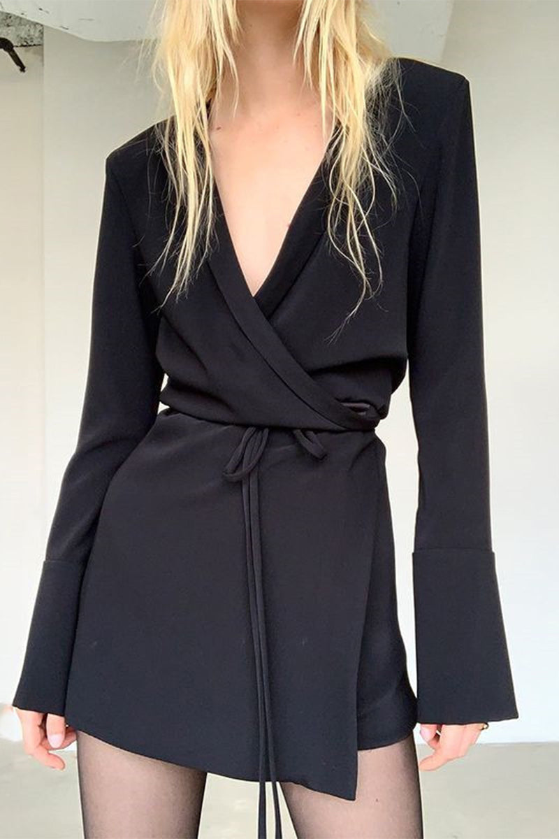 Vestido sexy y elegante con cuello en V, falda cruzada y frenillo con cinturón y parches sólidos