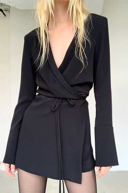 Vestido sexy y elegante con cuello en V, falda cruzada y frenillo con cinturón y parches sólidos