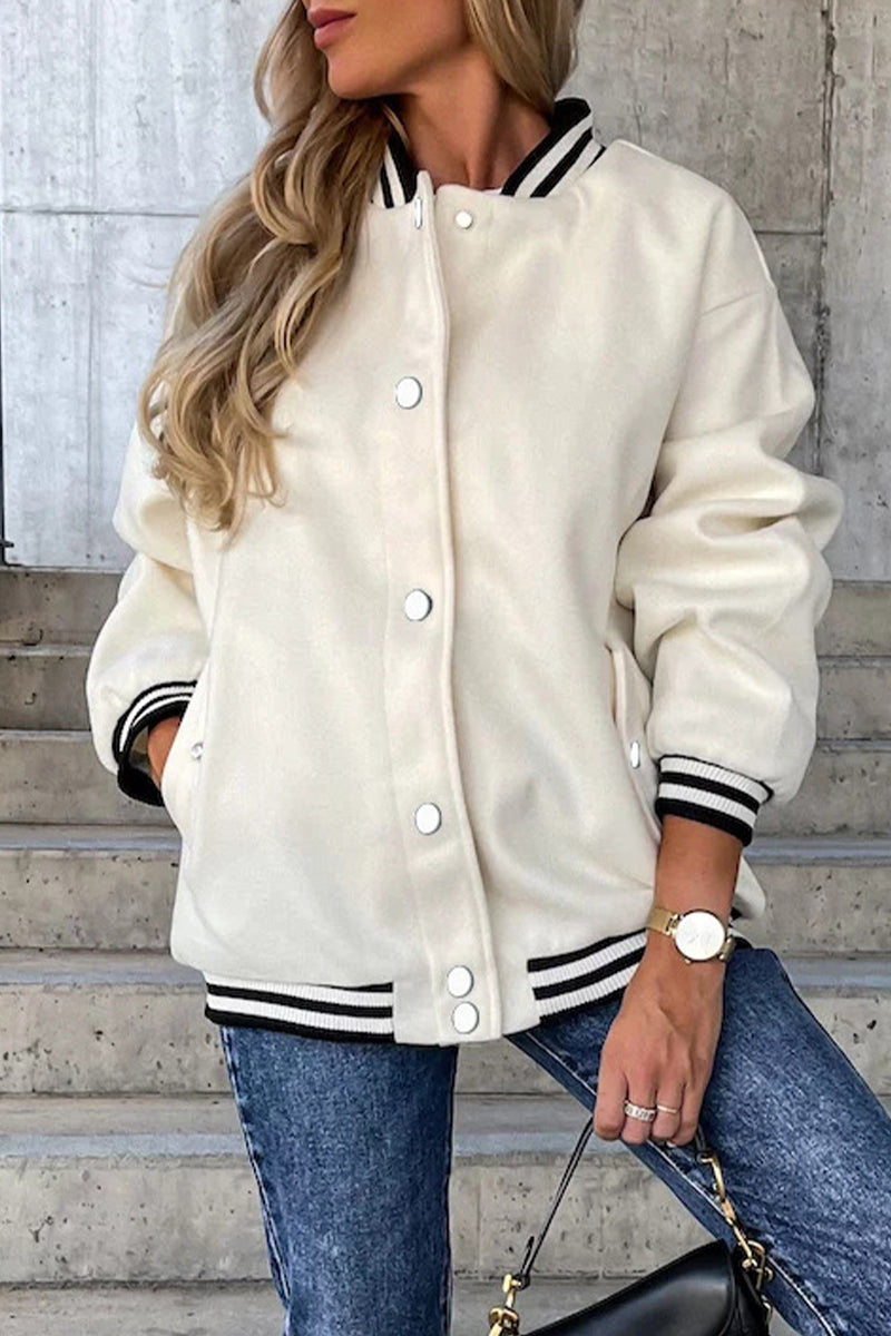 Casual Street Color Block Buckle Contrast O Neck Outerwear