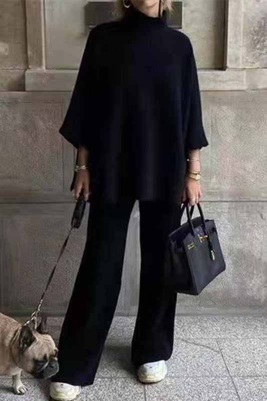 Conjunto informal de dos piezas con cuello alto, manga larga y parches sólidos para uso diario