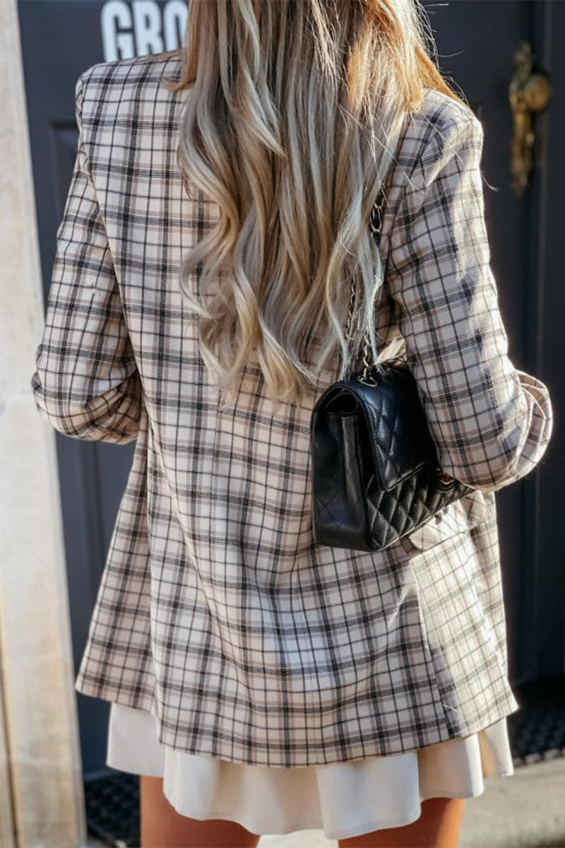 Elegante prenda exterior con cuello vuelto, estampado a cuadros y patchwork (4 colores)