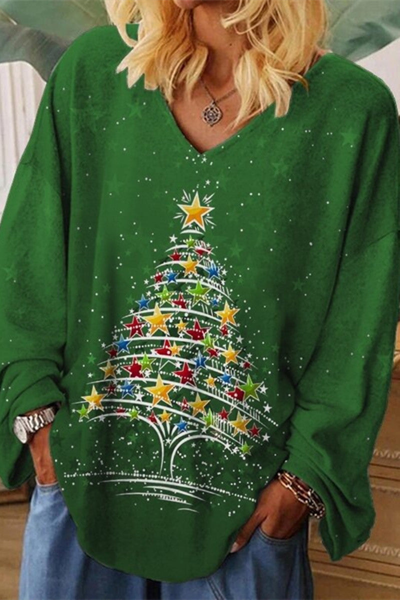 Tops casuales con cuello en V y estampado de árboles de Navidad