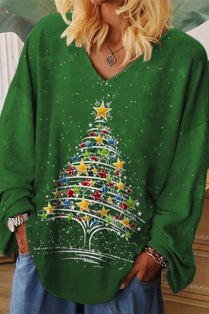 Tops casuales con cuello en V y estampado de árboles de Navidad