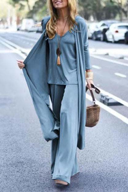 Conjunto informal de dos piezas con cuello en V y manga larga (4 colores)
