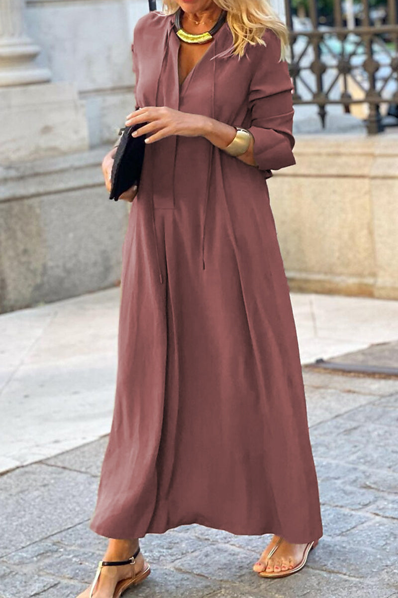 Vestido camisero informal de cuello en V con bolsillos sólidos