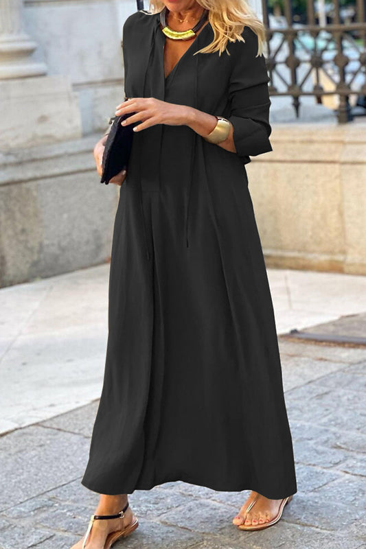 Vestido camisero informal de cuello en V con bolsillos sólidos