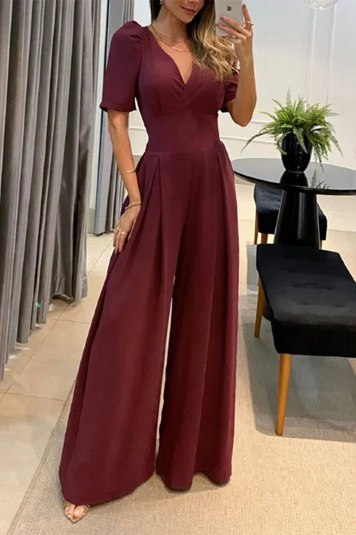 Women's Elegant Wide-Leg V-Neck Jumpsuit with Puffed Short Sleeves | Ideal for Spring/Summer