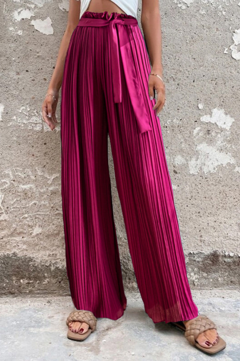 Elegante pantalón liso con cinturón, recto, de cintura alta, pierna ancha y patchwork