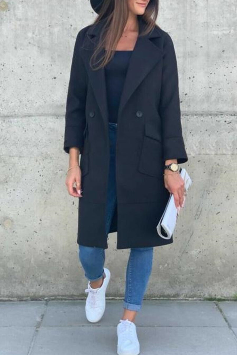 Prenda exterior elegante con cuello vuelto y hebilla sólida de Sweet Street