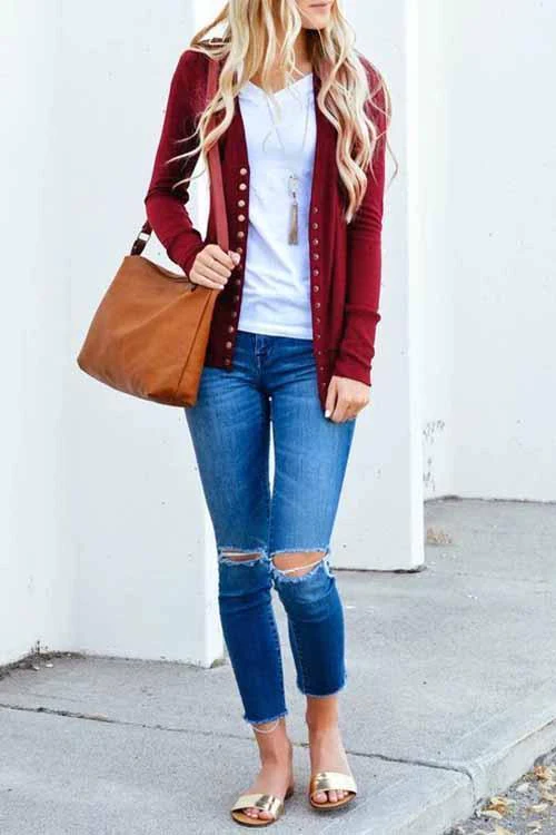 Cárdigan informal de color liso con botones (9 colores)