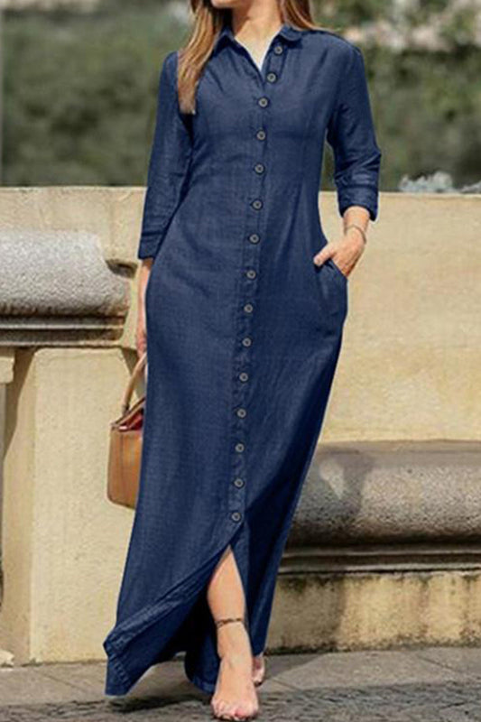 Elegante vestido vaquero holgado de manga larga con hebilla (3 colores)