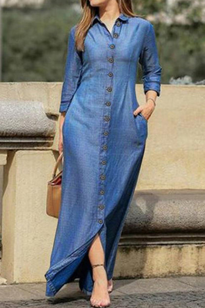Elegante vestido vaquero holgado de manga larga con hebilla (3 colores)