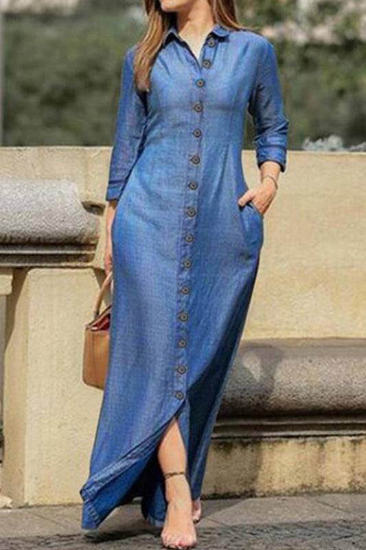 Elegante vestido vaquero holgado de manga larga con hebilla (3 colores)