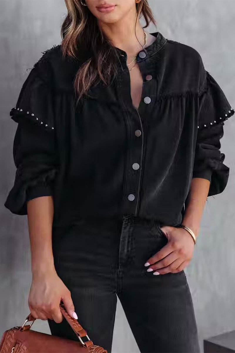 Street Solid Rivets Solid Color Mandarin Collar Outerwear