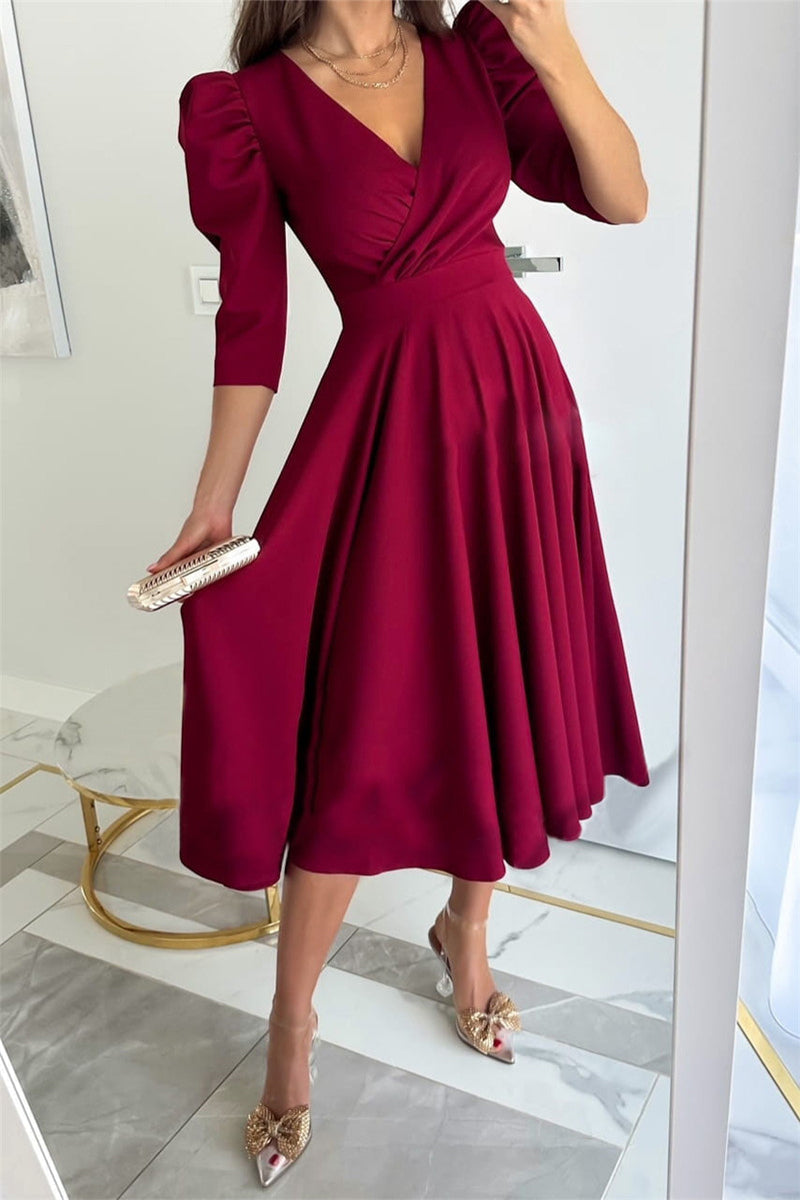 Vestidos elegantes y dulces de color liso con escote en V y corte A (4 colores)