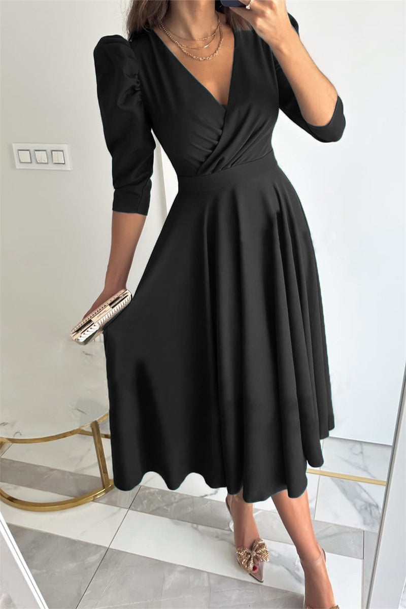 Vestidos elegantes y dulces de color liso con escote en V y corte A (4 colores)