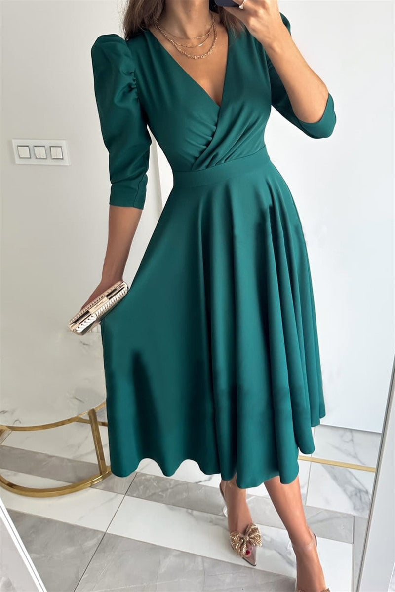 Vestidos elegantes y dulces de color liso con escote en V y corte A (4 colores)