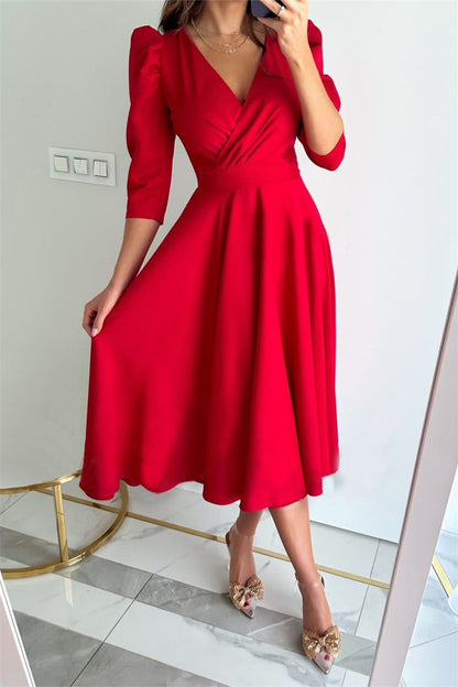 Vestidos elegantes y dulces de color liso con escote en V y corte A (4 colores)
