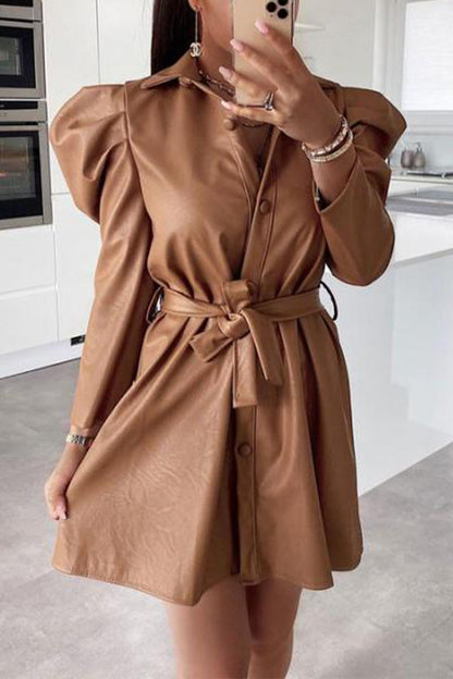 Vestidos estilo británico de corte A con cuello vuelto, hebilla de frenillo sólido