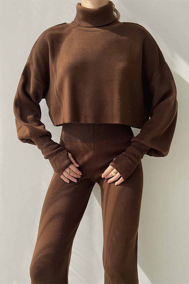 Casual Solid Turtleneck Long Sleeve Two Pieces(5 Colors)