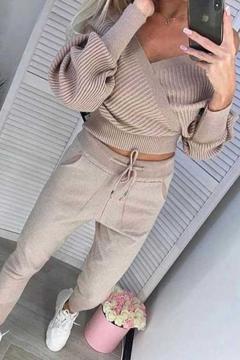 Solid Solid Color V Neck Nine Points Sleeve Two Pieces
