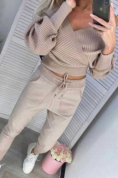 Solid Solid Color V Neck Nine Points Sleeve Two Pieces