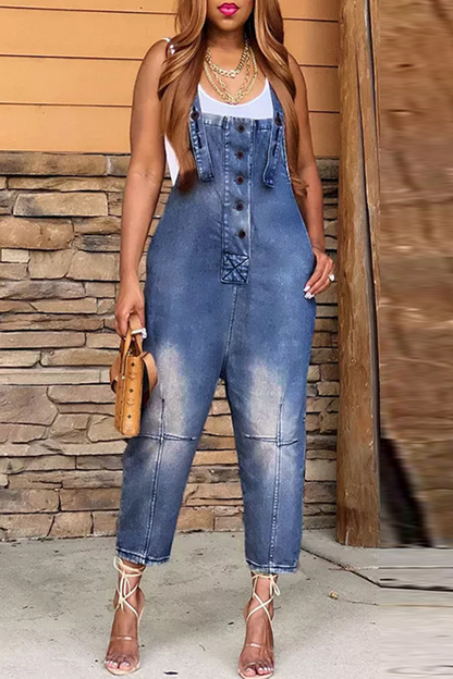 Street Solid Patchwork Buckle Square Collar Straight Jumpsuits(4 Colors)