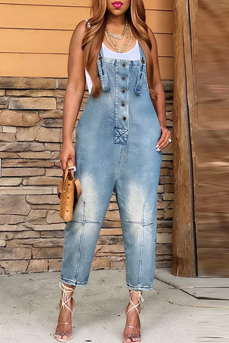 Street Solid Patchwork Buckle Square Collar Straight Jumpsuits(4 Colors)