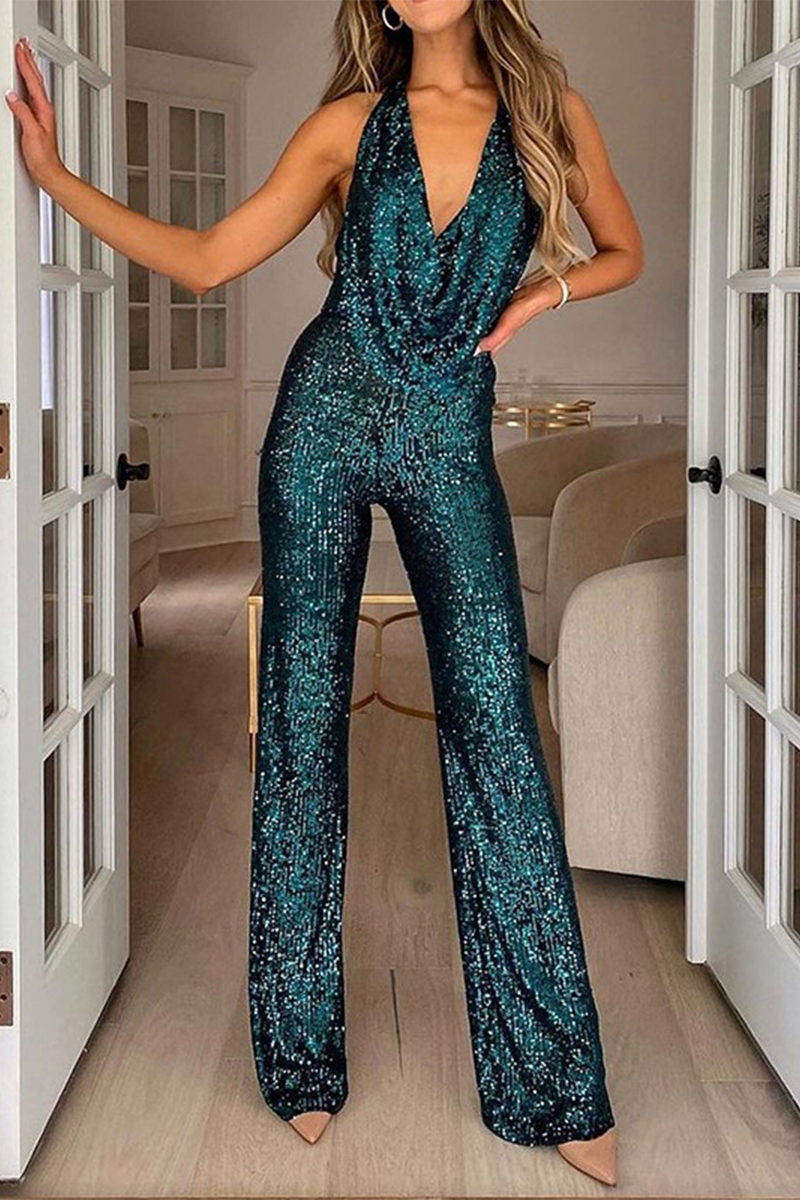 Daily Solid Sequin Halter Sleeveless Bootie Jumpsuit(5 Colors)
