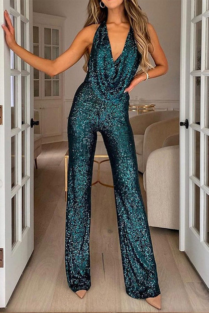 Daily Solid Sequin Halter Sleeveless Bootie Jumpsuit(5 Colors)