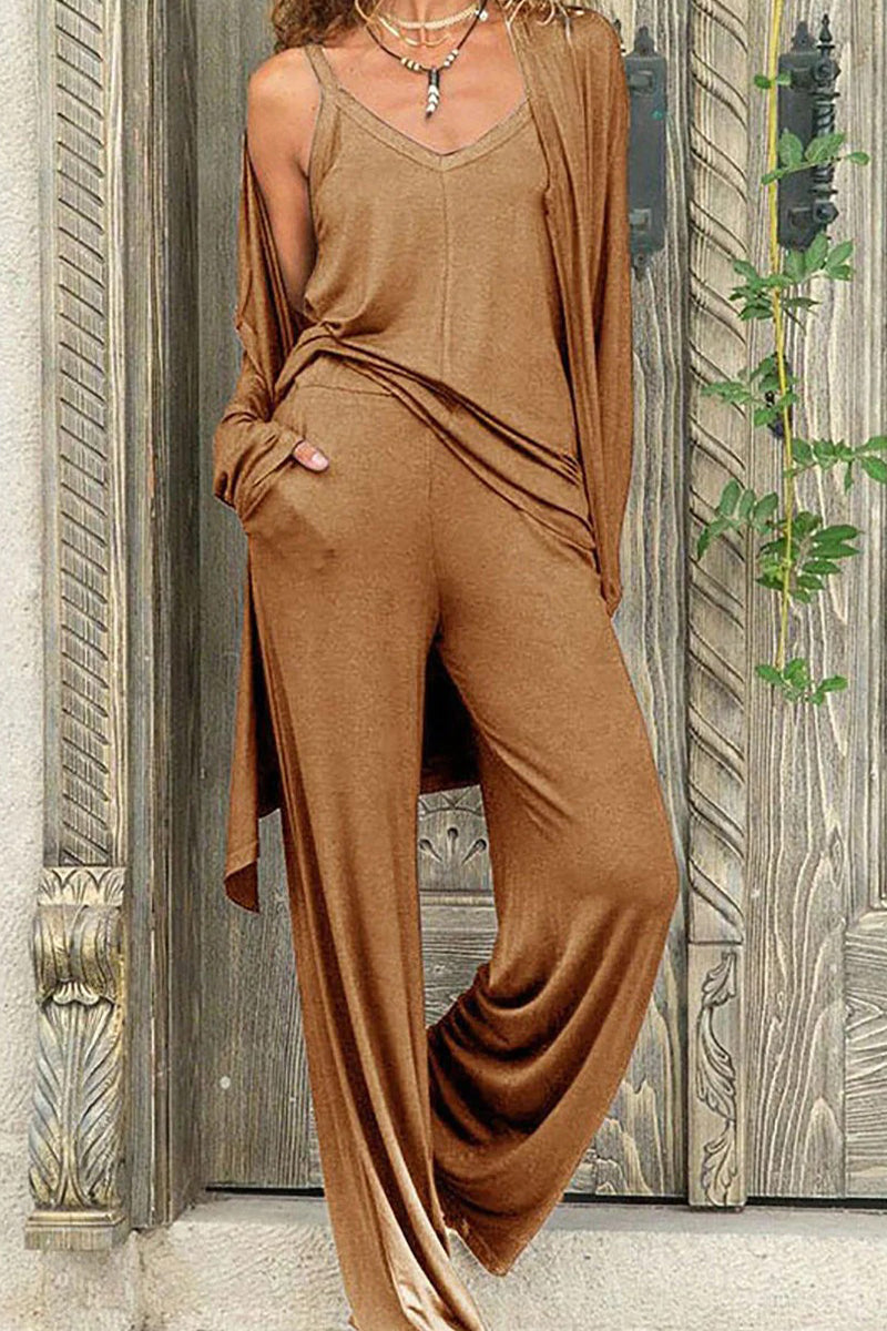 Conjunto informal de tres piezas con cuello en V, manga larga y estampado liso (4 colores)