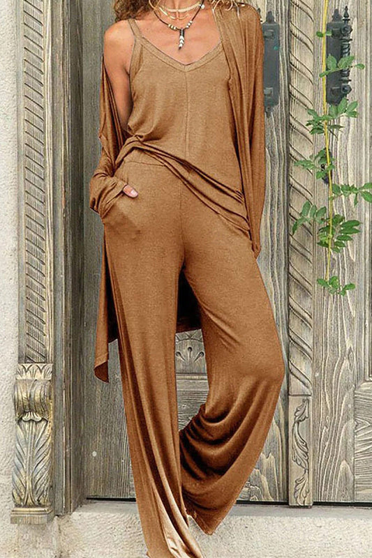 Conjunto informal de tres piezas con cuello en V, manga larga y estampado liso (4 colores)