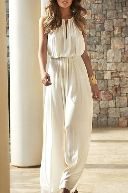 Elegant Solid Color V Neck Loose Jumpsuits