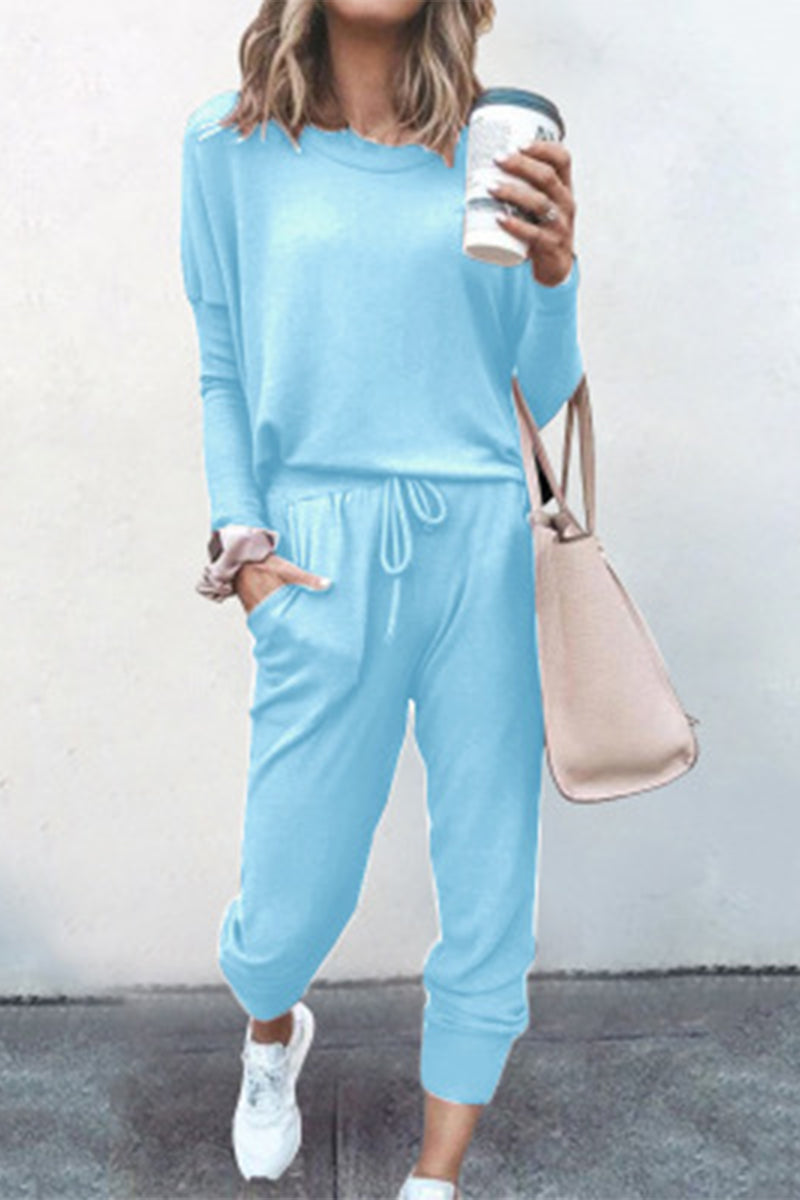 Conjunto casual de dos piezas, color sólido, asimétrico, cuello redondo, manga larga