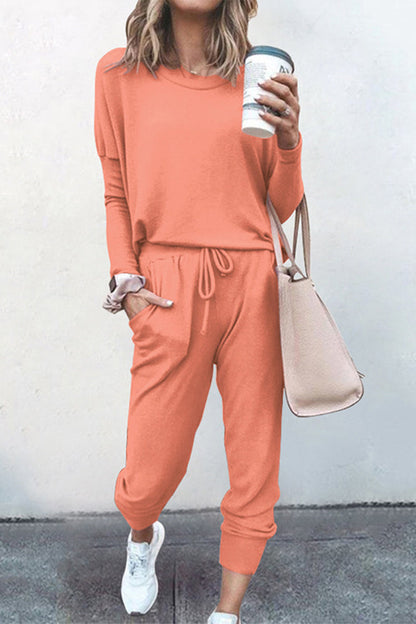 Conjunto casual de dos piezas, color sólido, asimétrico, cuello redondo, manga larga