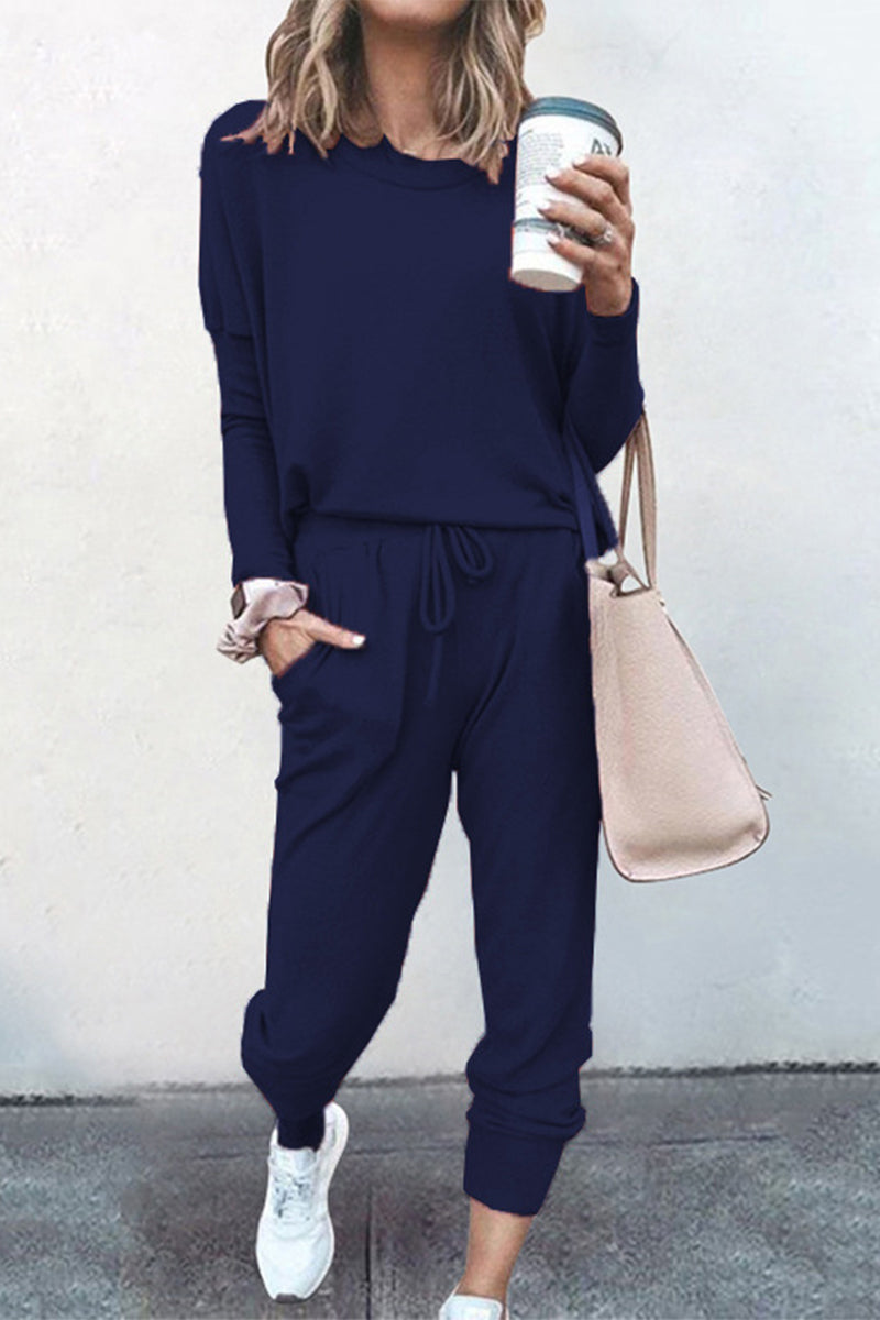Conjunto casual de dos piezas, color sólido, asimétrico, cuello redondo, manga larga