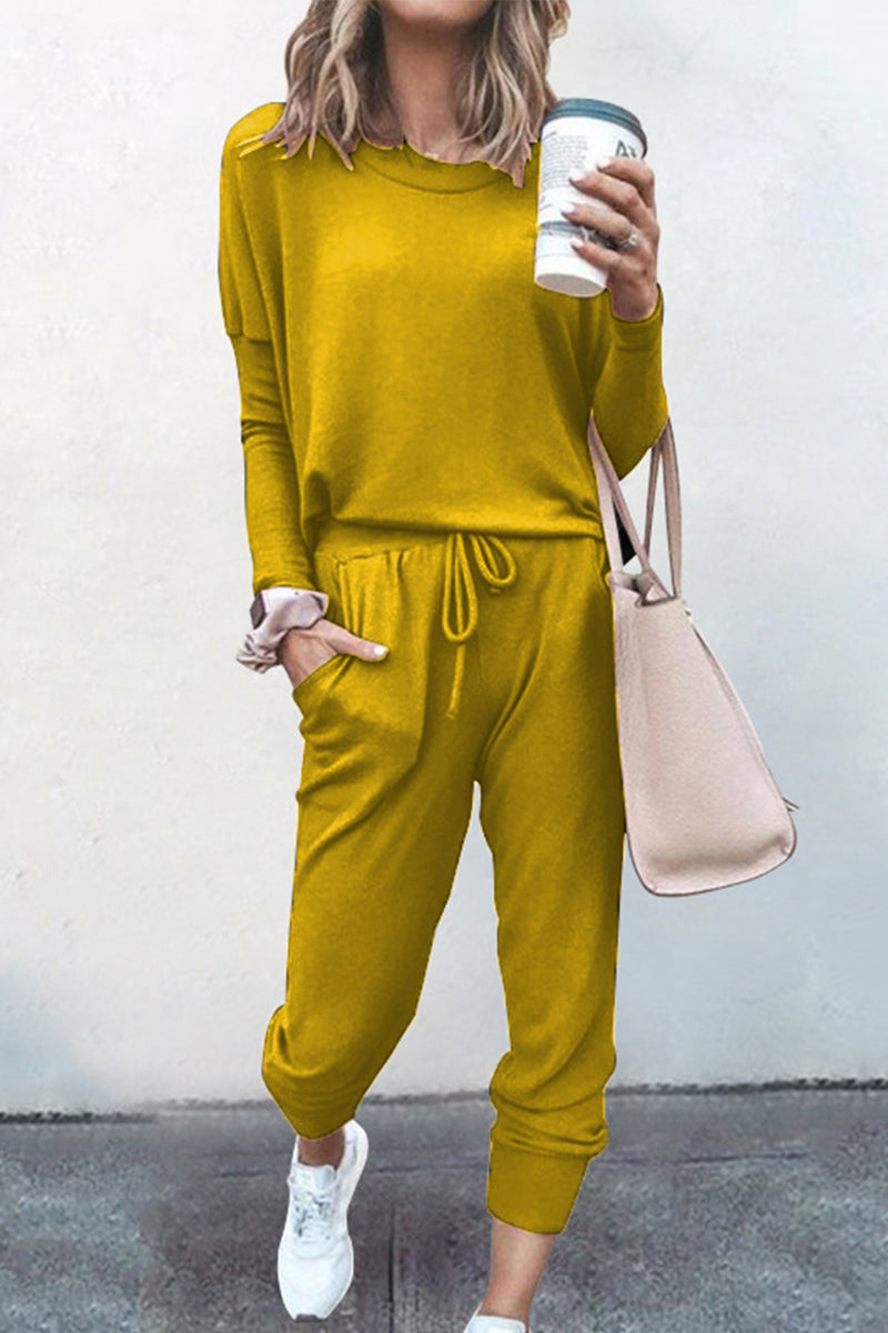 Conjunto casual de dos piezas, color sólido, asimétrico, cuello redondo, manga larga