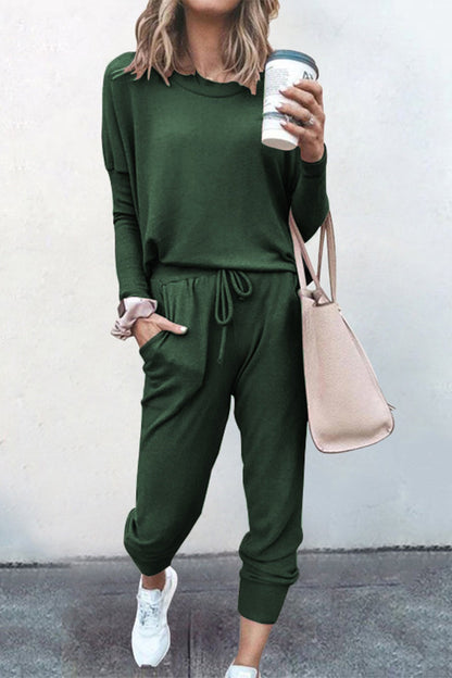 Conjunto casual de dos piezas, color sólido, asimétrico, cuello redondo, manga larga