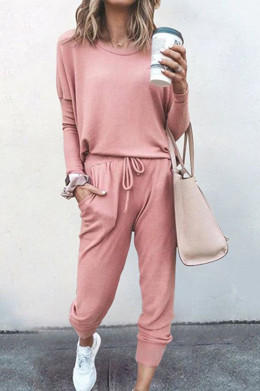 Conjunto casual de dos piezas, color sólido, asimétrico, cuello redondo, manga larga