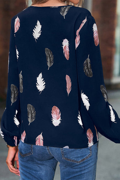 Casual Print Feathers Printing V Neck Tops(7 Colors)