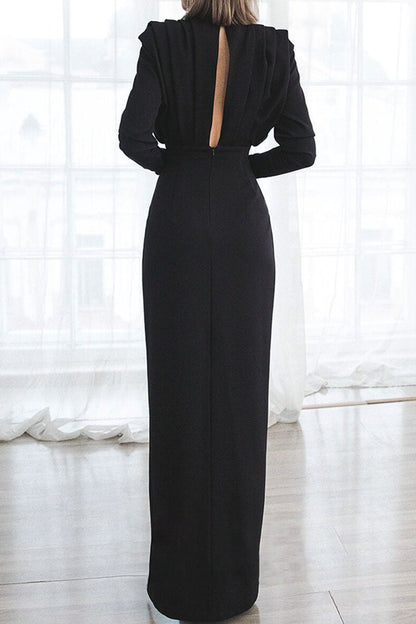 Elegante vestido recto con cuello redondo, abertura y espalda descubierta, de patchwork liso (3 colores)