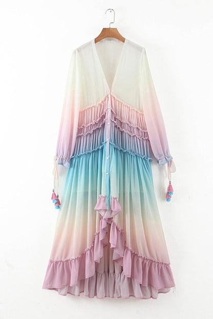 Elegant Gradual Change Patchwork Frenulum V Neck Printed Dress Dresses(3 Colors)