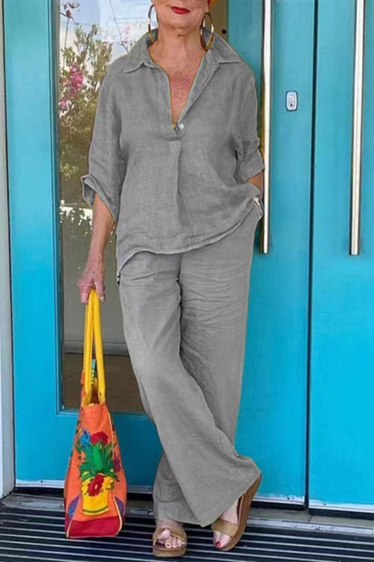 Conjunto casual de dos piezas con cuello en V, manga larga y color liso