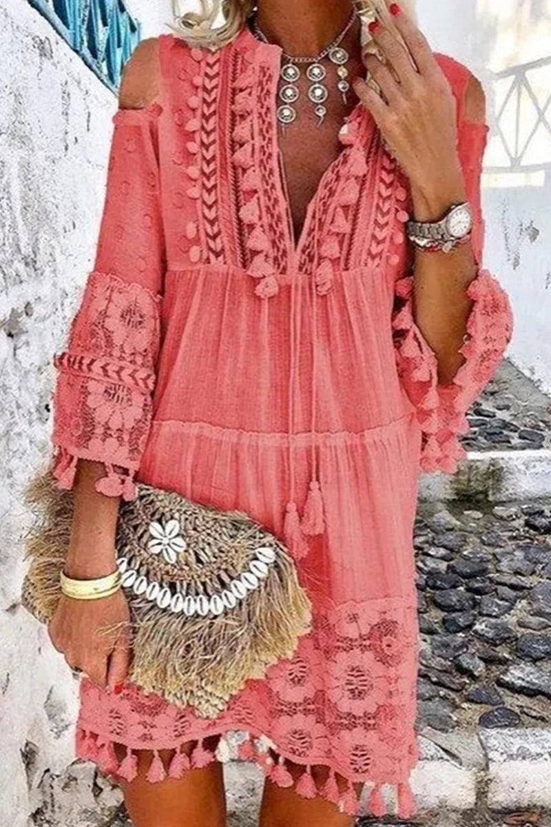 Sweet Patchwork Embroidered Hollowed Out With Bow V Neck Irregular Dress Dresses(8 Colors)