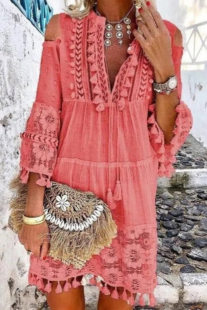 Sweet Patchwork Embroidered Hollowed Out With Bow V Neck Irregular Dress Dresses(8 Colors)